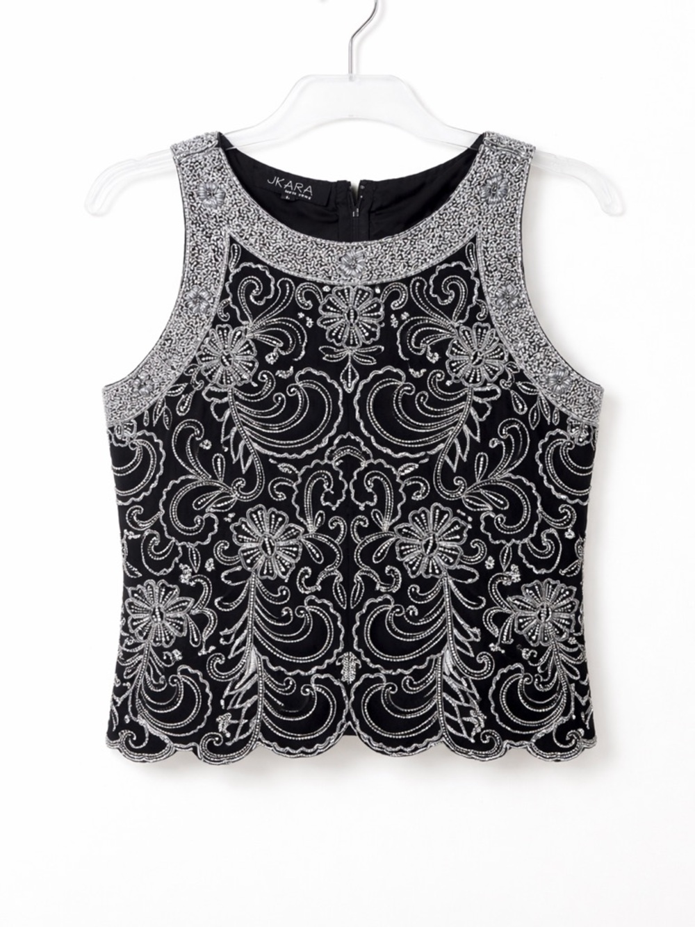 Black Silver Beaded Glam Top Art Deco Gatsby Cocktail Sz L Vintage Luxe